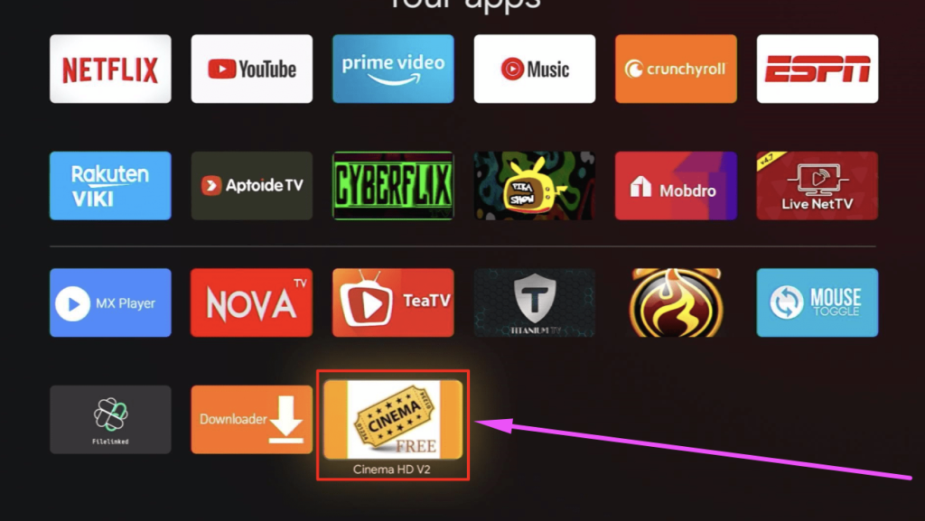 Cinema HD APK Installed on Google TV 4K ChromeCast