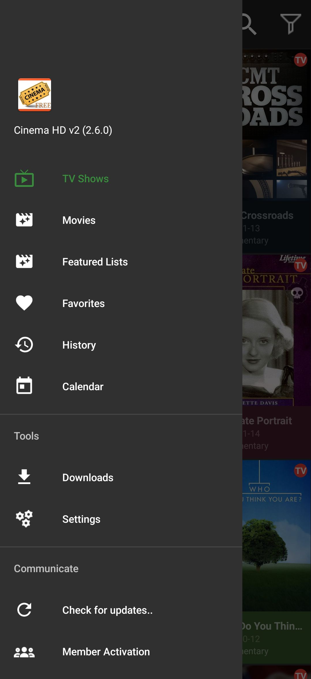 Hamburger menu options in the Cinema HD app